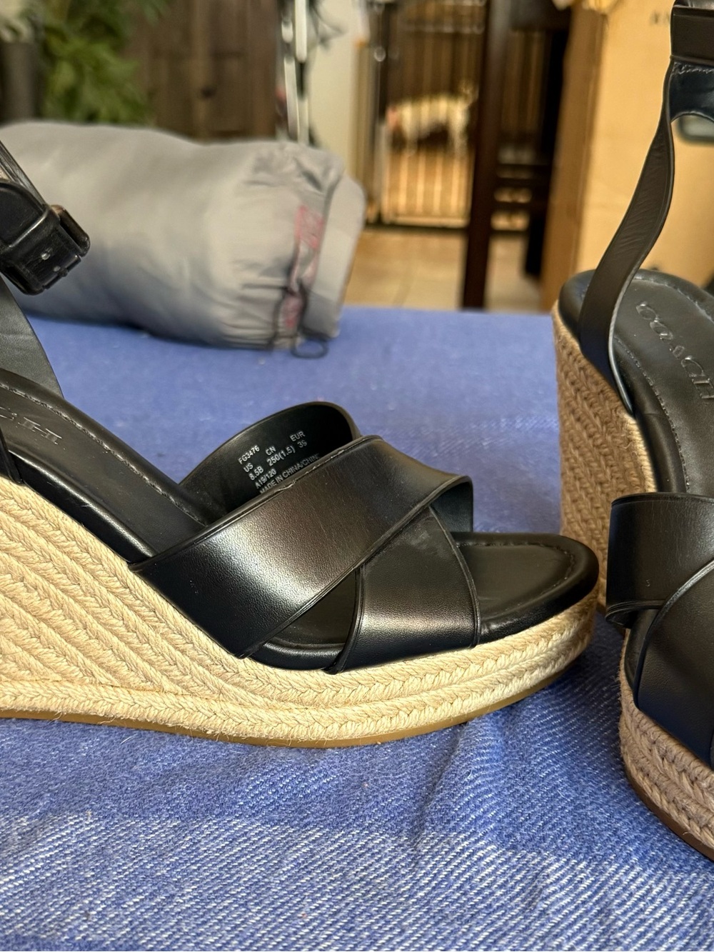 COACH Black Leather Espadrille Wedge Sandals - Picture 5 of 5